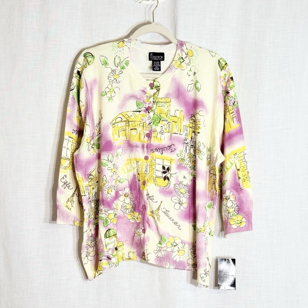 NY Collection AOP Paris Floral Cardigan Sweater 3X Eiffel‎ Tower Cottage Spring